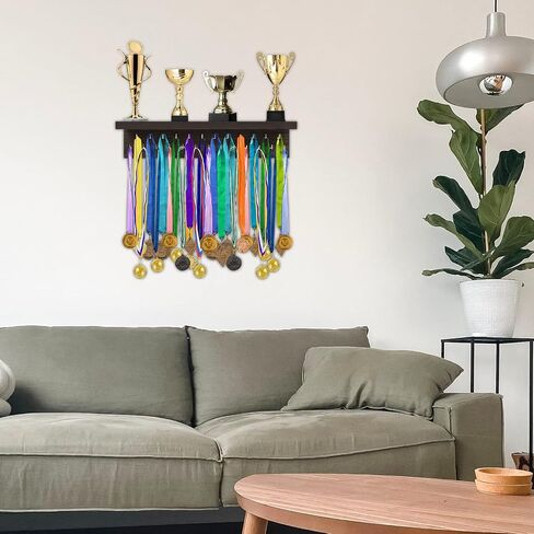 Medal Holder Display Trophy Shelf Organizer,Sturdy Wooden Medal Trophy Hanger Rack with 25 Steel Hooks, Wall Mount Medal Hanger for Race Medals Trophies Easy to Install…… in Saudi Arabia