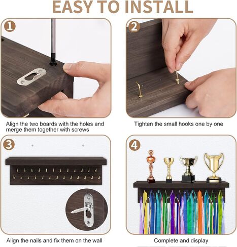 Medal Holder Display Trophy Shelf Organizer,Sturdy Wooden Medal Trophy Hanger Rack with 25 Steel Hooks, Wall Mount Medal Hanger for Race Medals Trophies Easy to Install…… in Saudi Arabia