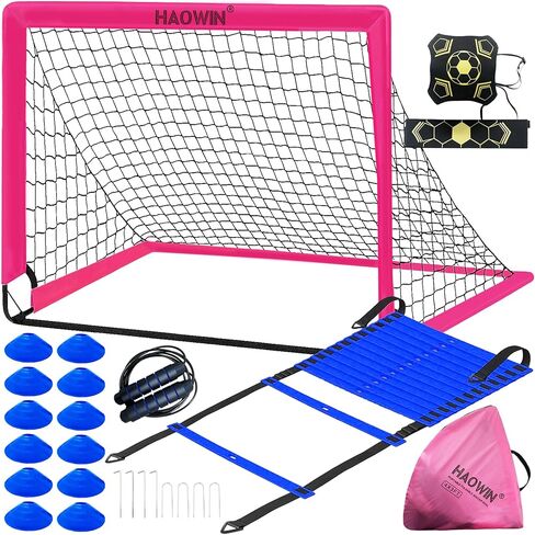 هدف كرة القدم المحمول من HAOWIN للفناء الخلفي، معدات تدريب على المرمى منبثقة مقاس 10.16 سم × 7.62 سم ​​مع سلم رشاقة ومخاريط مسطحة وحزام شعوذة وحبل قفز، شبكة كرة قدم مع حقيبة حمل in Kuwait