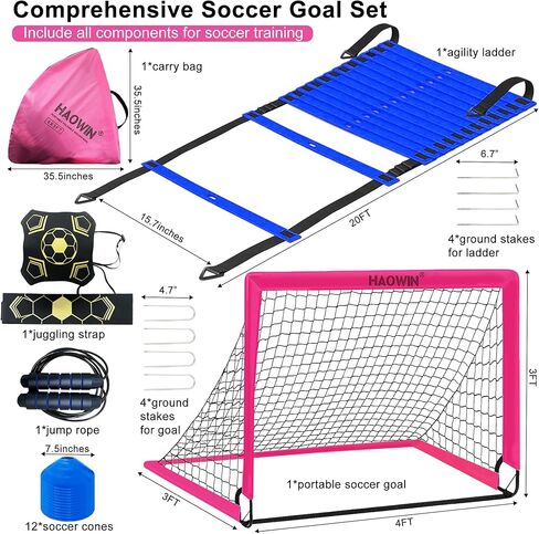 هدف كرة القدم المحمول من HAOWIN للفناء الخلفي، معدات تدريب على المرمى منبثقة مقاس 10.16 سم × 7.62 سم ​​مع سلم رشاقة ومخاريط مسطحة وحزام شعوذة وحبل قفز، شبكة كرة قدم مع حقيبة حمل in Kuwait
