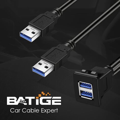 BATIGE Dual Ports Square USB 3.0 Panel Flush Mount Extension Cable with Buckle for Car Truck Boat Motorcycle Dashboard-3ft in Saudi Arabia