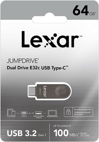 محرك أقراص فلاش USB Lexar E32C سعة 128 جيجابايت من النوع C، USB-A&USB-C 3.2 Gen 1 محرك مزدوج OTG 100 ميجابايت/ثانية للقراءة، محرك إبهام بتصميم دوار لـ USB 3.0/2.0، عصا ذاكرة للهواتف الذكية التي تعمل بنظام Android والكمبيوتر المحمول والكمبيوتر الشخصي in Kuwait