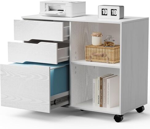 OLIXIS 3 Drawer Wood File Cabinet Small Mobile Lateral Filing Printer Stand Storage with Open Shelf Shelves for Home Office, White in Saudi Arabia