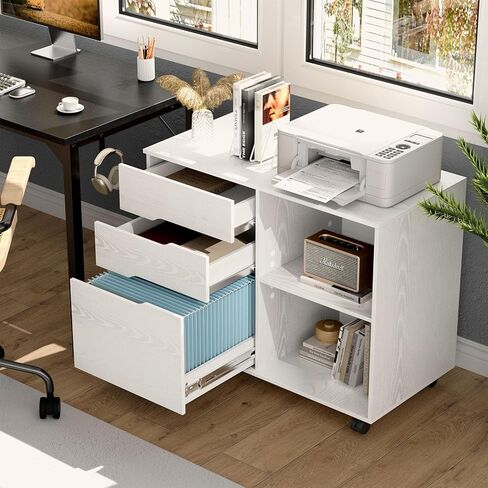 OLIXIS 3 Drawer Wood File Cabinet Small Mobile Lateral Filing Printer Stand Storage with Open Shelf Shelves for Home Office, White in Saudi Arabia