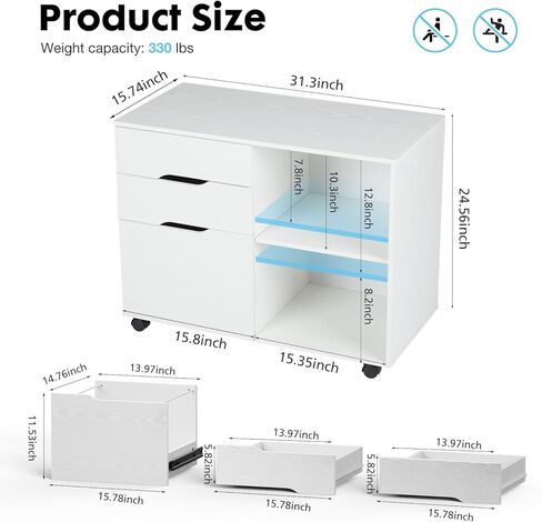 OLIXIS 3 Drawer Wood File Cabinet Small Mobile Lateral Filing Printer Stand Storage with Open Shelf Shelves for Home Office, White in Saudi Arabia
