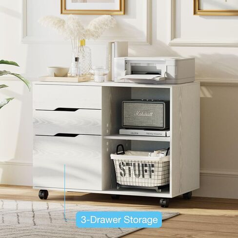OLIXIS 3 Drawer Wood File Cabinet Small Mobile Lateral Filing Printer Stand Storage with Open Shelf Shelves for Home Office, White in Saudi Arabia