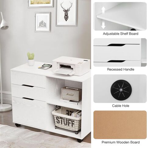 OLIXIS 3 Drawer Wood File Cabinet Small Mobile Lateral Filing Printer Stand Storage with Open Shelf Shelves for Home Office, White in Saudi Arabia