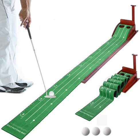 Golf Putting Green Mat Practice Indoor - Training Putting Matt with 3 Golf Balls & 3 Holes Putting Mats Wooden Pole Auto Ball Return Golf Mats for Mini Games Practicing at Home Office Backyard Balcony in Saudi Arabia
