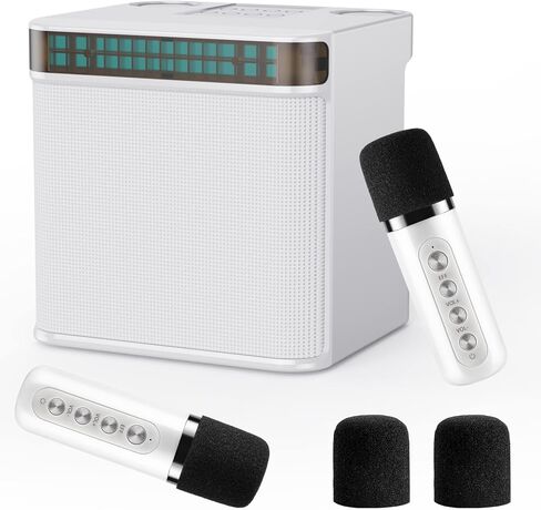 مكبر صوت كاريوكي مع ميكروفونات مزدوجة - آلة كاريوكي لاسلكية ستيريو مع تأثيرات ضوئية، مكبر صوت بلوتوث لاسلكي محمول متعدد الوظائف للمنزل، الحفلات، الزفاف، الهواء الطلق (أبيض) in Kuwait