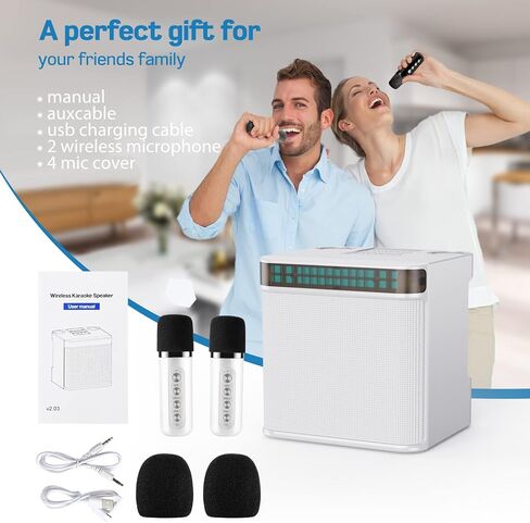 مكبر صوت كاريوكي مع ميكروفونات مزدوجة - آلة كاريوكي لاسلكية ستيريو مع تأثيرات ضوئية، مكبر صوت بلوتوث لاسلكي محمول متعدد الوظائف للمنزل، الحفلات، الزفاف، الهواء الطلق (أبيض) in Kuwait