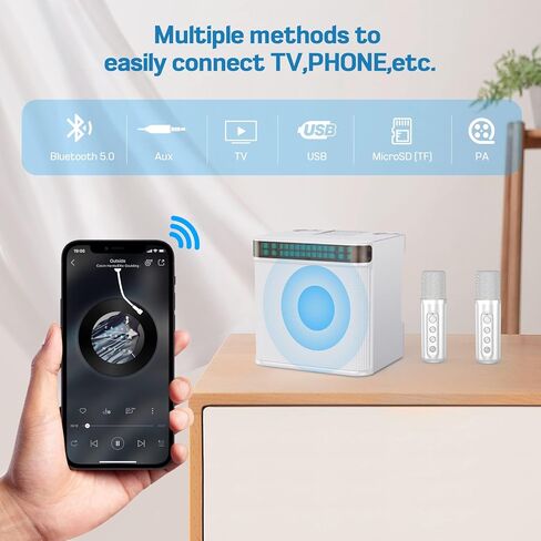 مكبر صوت كاريوكي مع ميكروفونات مزدوجة - آلة كاريوكي لاسلكية ستيريو مع تأثيرات ضوئية، مكبر صوت بلوتوث لاسلكي محمول متعدد الوظائف للمنزل، الحفلات، الزفاف، الهواء الطلق (أبيض) in Kuwait