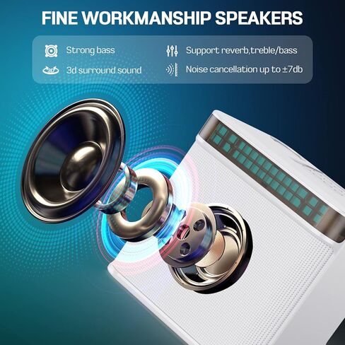 مكبر صوت كاريوكي مع ميكروفونات مزدوجة - آلة كاريوكي لاسلكية ستيريو مع تأثيرات ضوئية، مكبر صوت بلوتوث لاسلكي محمول متعدد الوظائف للمنزل، الحفلات، الزفاف، الهواء الطلق (أبيض) in Kuwait