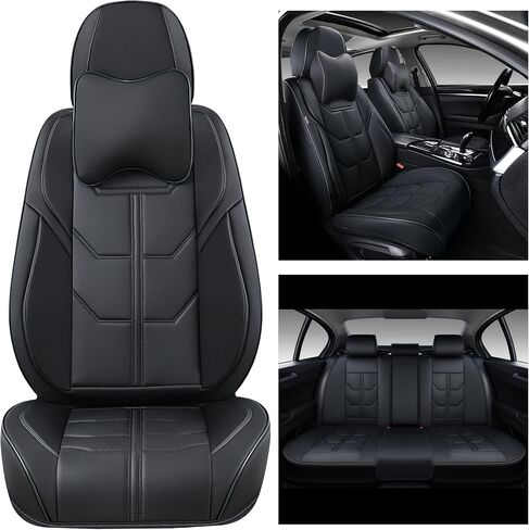 Black Car Seat Covers Full Set, Universal Front and Rear Seat Covers for Cars, Waterproof Leather Auto Seat Protectors with Head Pillow, Car Seat Cushions Fit for Most Sedans SUV Pick-up Truck in Kuwait