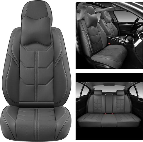Black Car Seat Covers Full Set, Universal Front and Rear Seat Covers for Cars, Waterproof Leather Auto Seat Protectors with Head Pillow, Car Seat Cushions Fit for Most Sedans SUV Pick-up Truck in Kuwait