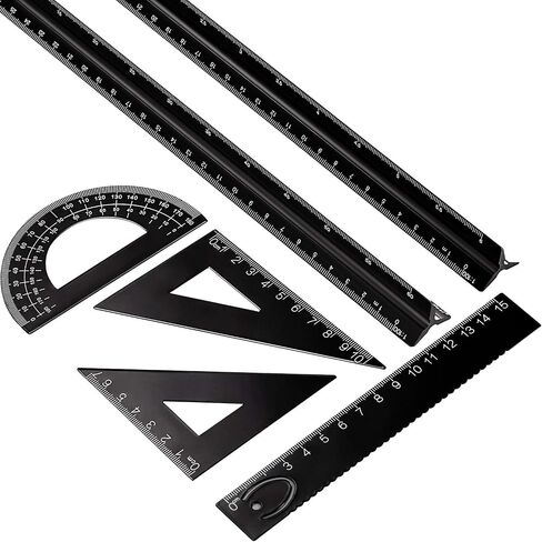 6 Pieces Triangular Scale Ruler Set, Aluminum Architect Ruler 2 Pieces 12 Inch Scale Ruler with 4 Pieces Triangle Ruler Square Set for Students, Draftsman and Engineers, Metric (Black) in Saudi Arabia