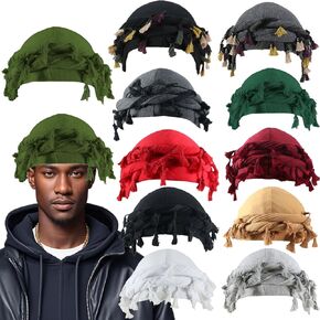 Turban Head Wraps for Men Skull Cap Halo Turban Pre-Tied Tassels Men Satin Lined Turban Hat with Fringe Twisted Tail