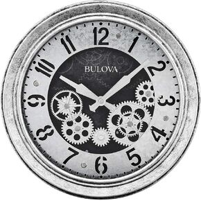 Bulova The Industrial Wall Clock C4339 | 13" Diameter | Open Gear Design | Antique Silver Finish | Quartz Movement