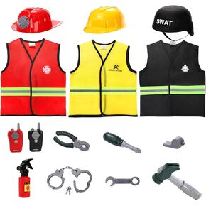 Lawei 3 Sets Kids Role Play Clothes for Kids Age 3-7 Years Old, Dress up Costumes Vest Set Police, Fireman and Construction Worker for Toddler Kids Girls Boys Gift, Pretend Role Play Kit Accessories
