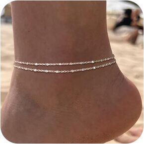 Sterling Silver Ankle Bracelets for Women: Dainty Layered Waterproof Anklet for Women Adjustable Womens Anklet Set Stackable Figaro Beaded Cuban Link Anklets Beach Jewelry for Women