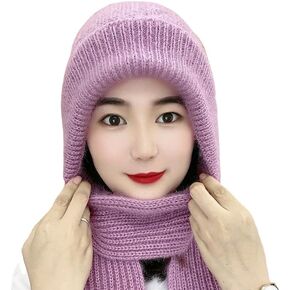 Fashion Winter Warm Knitted Hat for Women,Ear Protection Windproof Cap Scarf, Knitting Thick Warm Ear Guard Hat