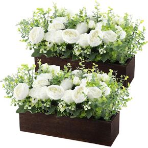 Set of 2 Centerpiece Table Decorations for Dining Room Farmhouse Coffee Table Decor Wood Tray with Artificial Peonies and Eucalyptus Spring Summer Centerpiece for Kitchen Dining Living Table