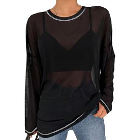 Remidoo Women's Mesh Top Crewneck Oversized Shirt Loose Fit Sheer Long Sleeve Tops