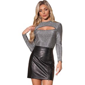 Allegra K Sparkle Cut Out Top for Women's Mock Neck Long Sleeve Party Glitter Tops