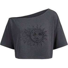 SOLY HUX Women's Graphic Tees Off Shoulder Half Sleeve Sun Moon Print T Shirt Crop Tops
