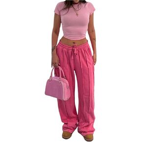 Women's Y2K Wide Leg Sweatpants Drawstring Waist Baggy Track Pants Trousers with Pockets