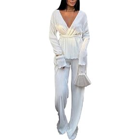 CALEBGAR Women's Fall 2 Piece Pleated Sets Long Sleeve Open Front Shirt with Belt Flare Wide Leg Linen Pants Sets Streetwear