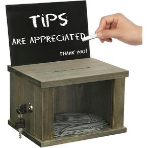 MyGift Shabby White Washed Solid Wood Comment Box Suggestion Box with Interchangable Chalkboard and Clear Premium Acrylic Sign, Restaurant Tip Collection Box