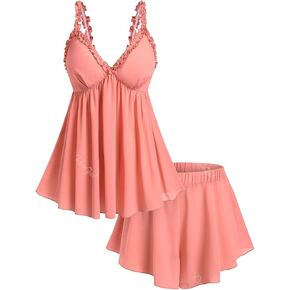 ROSE GAL Rosegal Plus Size Women Sheer Pajamas Set Lounge Set Plunging Ruffle Loungewear Sleepwear Set