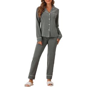 cheibear Womens Pajama Loungewear Long Sleeve Button Up Tops with Pants Christmas Two Pieces Matching Pj Sets