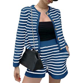 Tankaneo Women's Striped 2 Piece Outfits Long Sleeve Knit Cardigan Sweaters and Summer Shorts Set Vacation Lounge Sets