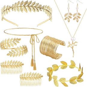 Greek Goddess Costume Accessories Set for Women Golden Laurel Leaf Crown Arm Cuff Earrings Necklace Grecian Toga Belt Bridal Wedding Headpiece Halloween Costume Jewelry