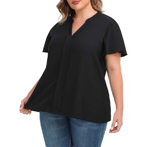 Carrdc Office Women's Plus Size Notched V Neck Fold Pleated Blouse Tops