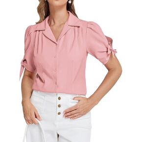 Belle Poque Womens Short Sleeve Button Down Shirt Vintage Tops Pleated Dressy Blouses Business Casual Top V Neck Work Blouses