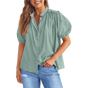 PRETTYGARDEN Women's Summer Button Down Shirts Short Lantern Sleeve V Neck Cotton Cute Dressy Casual Ladies Tops Blouses
