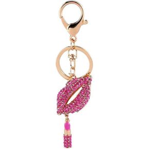 Hot Lips with Lipstick Keychain Crystal Sparkling Keyring Rhinestones Purse Pendant Handbag Charm (Pink)