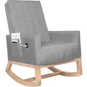 VECELO Rocking Chair Nursery, Leather Upholstered Glider Rocker, Modern Accent Armchair with USB Port/Side Pocket/High Backrest/Padded Seat for Living Room and Bedroom