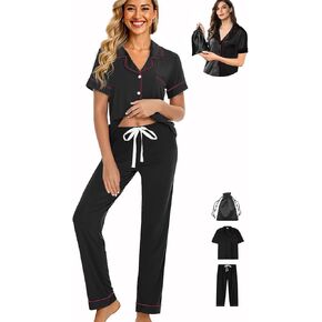 Womens 3Pcs Pajamas Set Soft Pajama Sets Button Down Pjs Set Knit Sleepwear Lounge Sets with Long Pants XS-XXL
