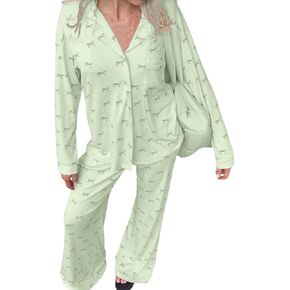 Womens Pajama Sets Cute Pj Set Bow Tie Print Long Sleeve Button Down Shirt With Long Pants Fall Sleepwear