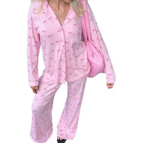 Womens Pajama Sets Cute Pj Set Bow Tie Print Long Sleeve Button Down Shirt With Long Pants Fall Sleepwear in Kuwait