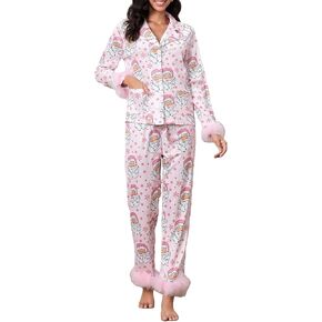Luckinbaby Women Christmas Silk Pajamas Set Santa Print Pj Satin Long Sleeve Shirts Pants Set Feather Trim Xmas Loungewear