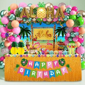 Hawaiian Luau Party Decorations Tropical Luau Theme Aloha Party Pack 171pcs for Summer Beach Holiday (Including Table Skirt, Backdrop, Banner, Balloons, Hibiscus Palm Leaves, Cake Toppers) (Luau-02)