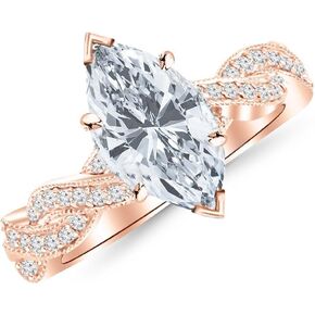 14K White Gold 3 Carat LAB GROWN DIAMOND Vintage Eternity Love Twisting Split Shank Marquise Cut Diamond Engagement Ring With Milgrain (E-F Color VS1-VS2 Clarity 2.5 Ct Center)
