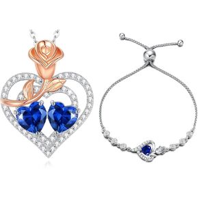 AGVANA Fine Jewelry September Birthstone Sapphire Necklace Bracelet for Women Sterling Silver CZ Rose Flower Heart Pendant Anniversary Birthday Gifts for Women Girls Her