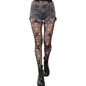 Sparkly Tights, Skull Tights, Sexy High Waist Sparkly Fishnet Tights - Premium Women's Stretchy Fishnet Stockings for Women, Trendy and Comfortable Halloween
