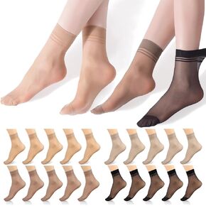 20 Pairs Women's Sheer Socks Nylon Ankle Socks Ultra Thin See Through Cool Soft Short Dress Stockings Anti-Snag Nude Black Hosiery Socks