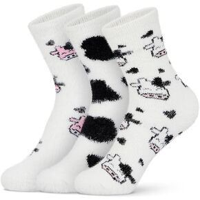 Foaincore 3 Pairs Fuzzy Cow Socks for Women Cow Print Stuff Chunky Socks Cute Winter Fluffy Cozy Slipper Socks Warm Funny Animal Hose Cow Gifts for Women Cow Themed Favors
